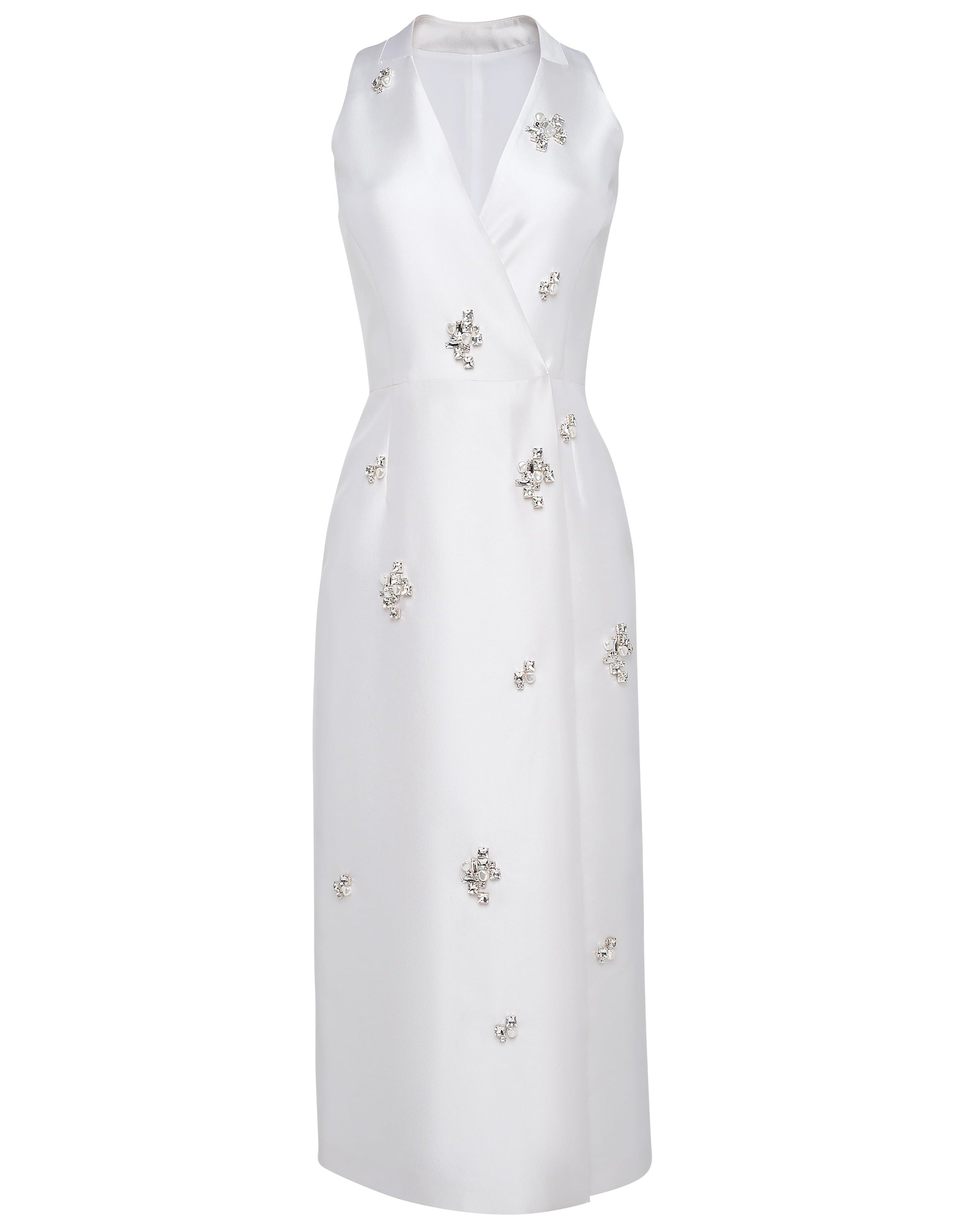 Double-Breasted Midi Dress with Jewel & Pearl Embellishments
