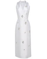 Double-Breasted Midi Dress with Jewel & Pearl Embellishments