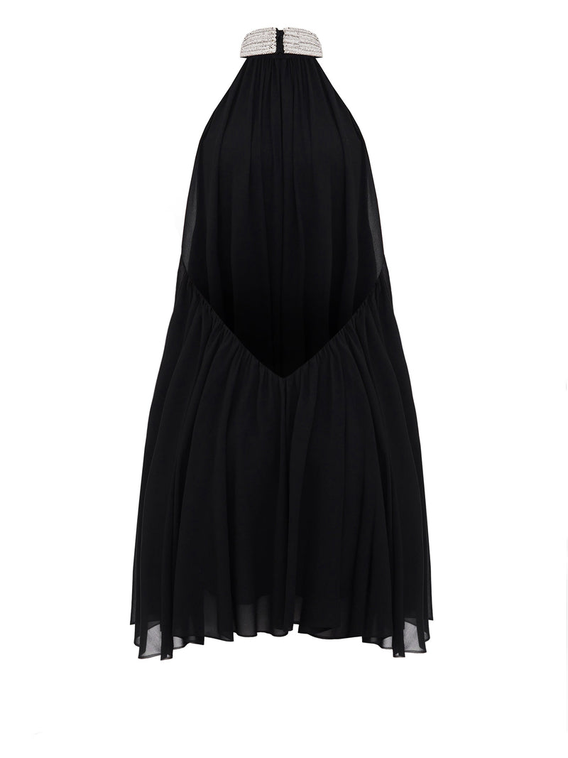 Silk Chiffon Mini Dress with a crystal embellished neck