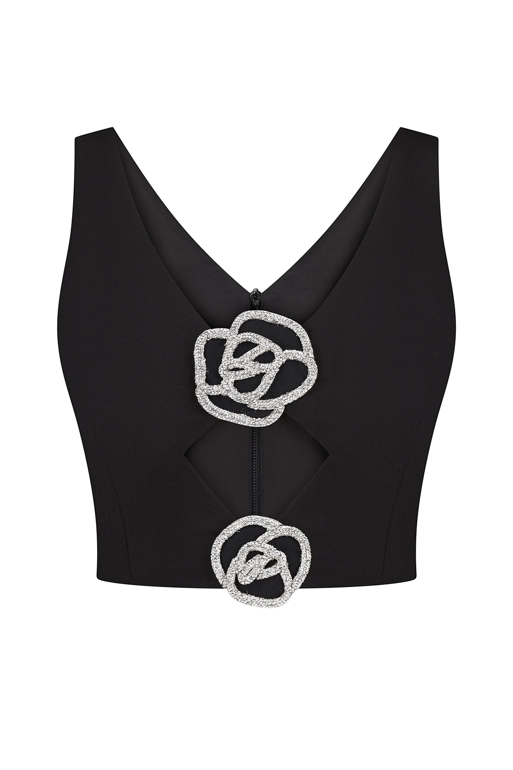 CUTOUT TOP WITH CRYSTAL ROSE EMBELLISHMENT