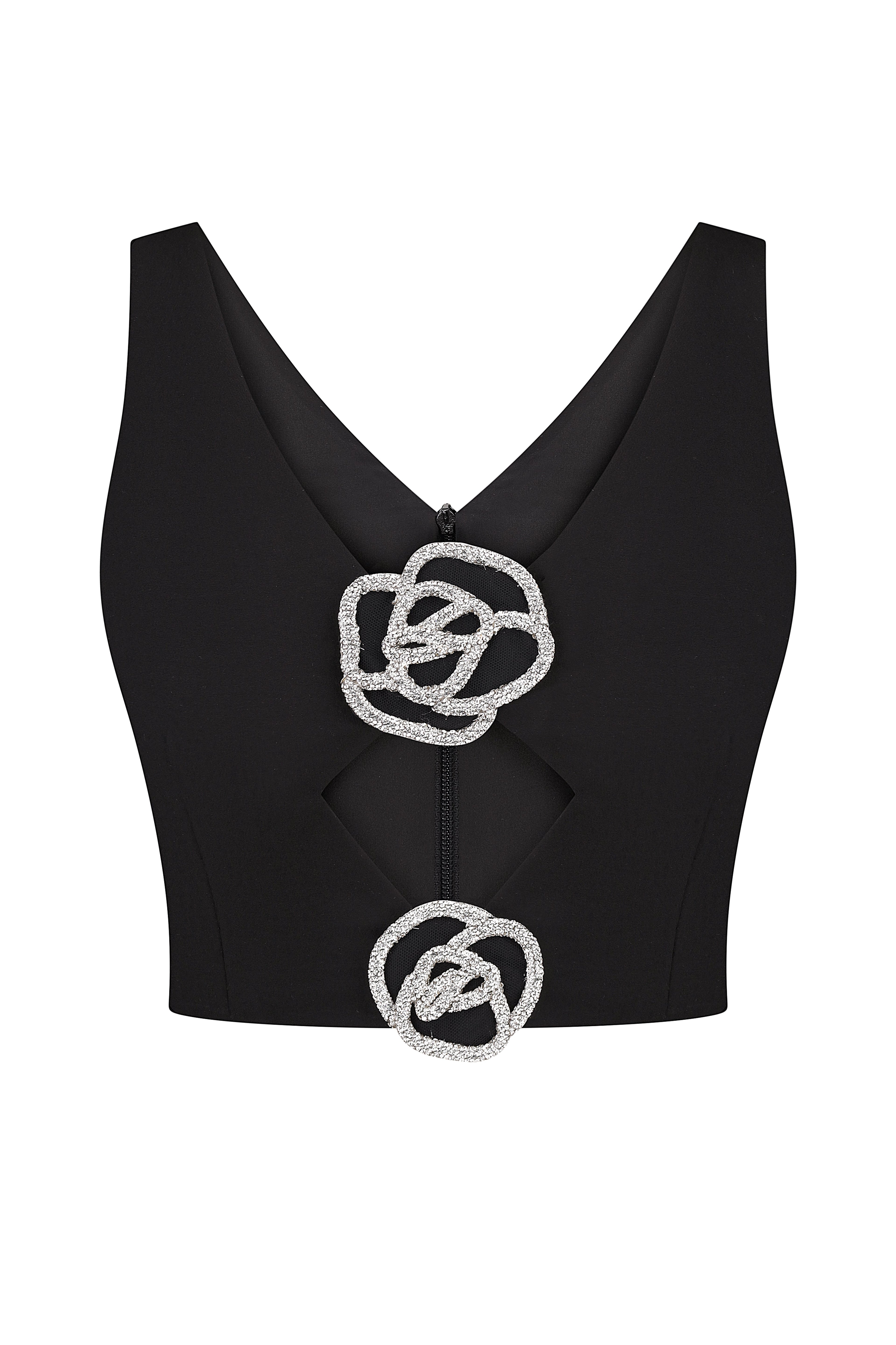 CUTOUT TOP WITH CRYSTAL ROSE EMBELLISHMENT