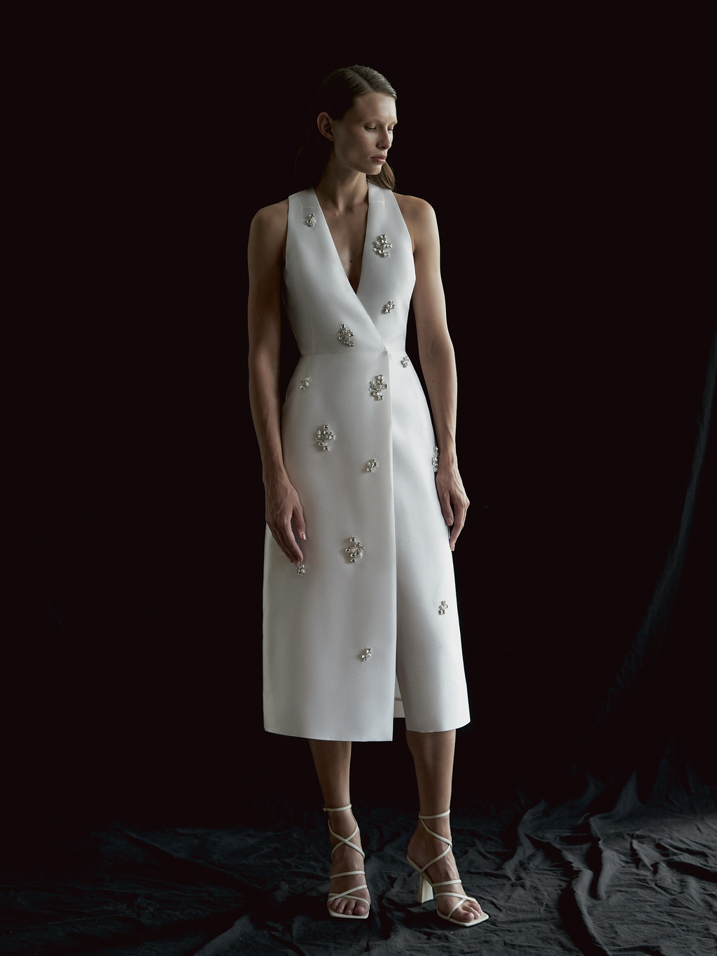 Double-Breasted Midi Dress with Jewel & Pearl Embellishments