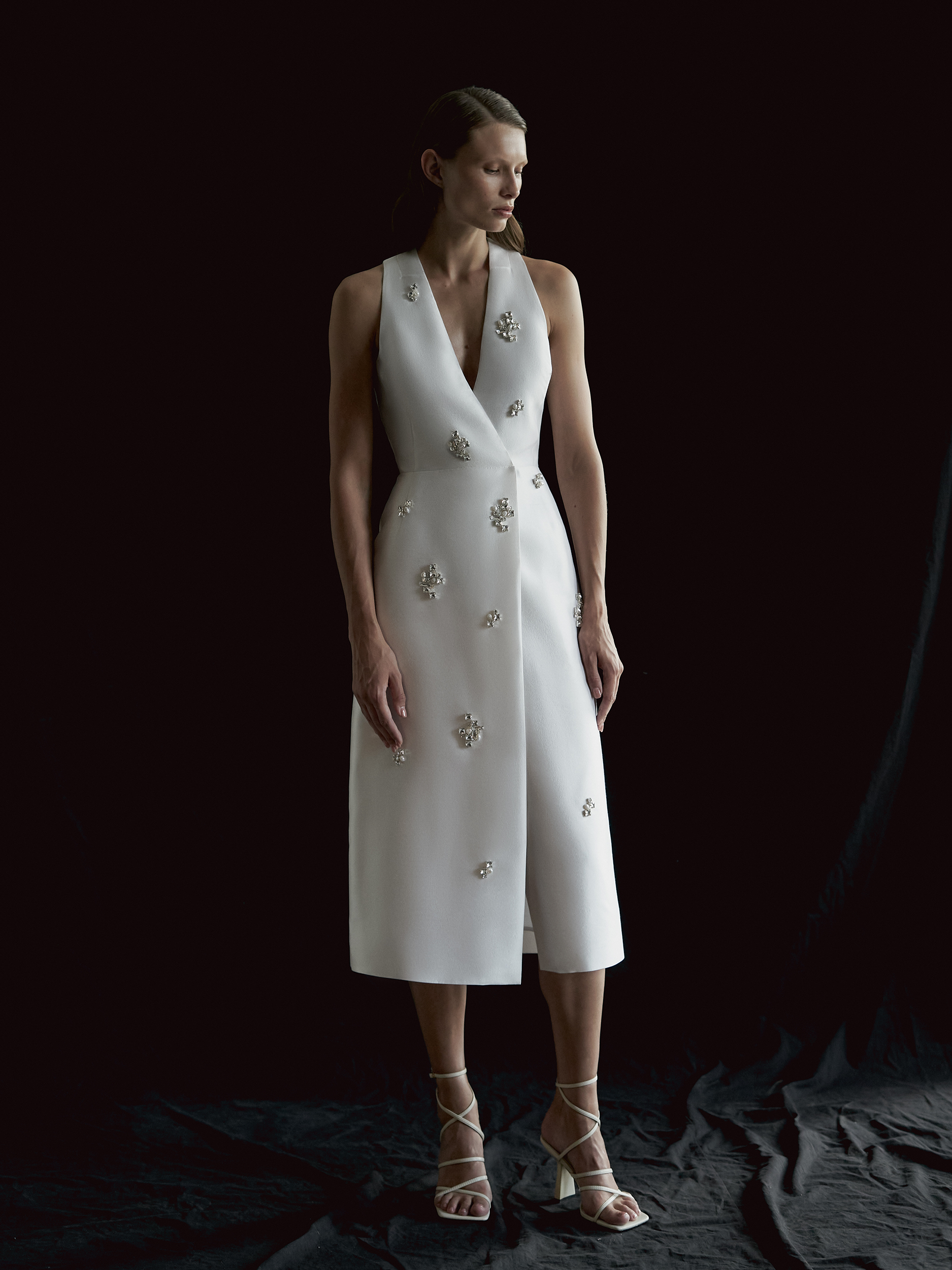 Double-Breasted Midi Dress with Jewel & Pearl Embellishments