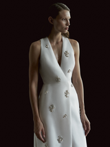 Double-Breasted Midi Dress with Jewel & Pearl Embellishments