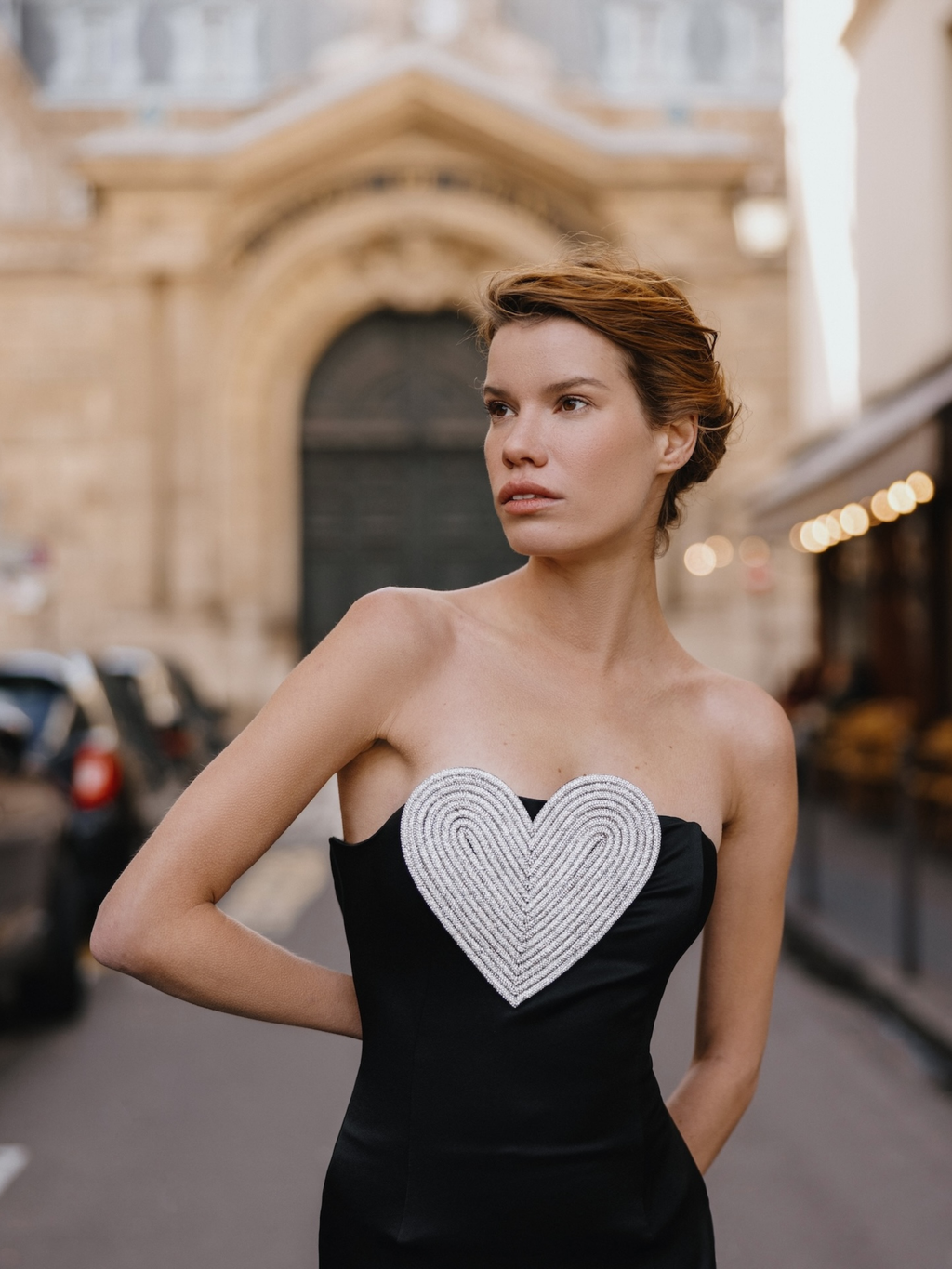 SAMPLE: Heart-Embellished Strapless Maxi Dress in Black