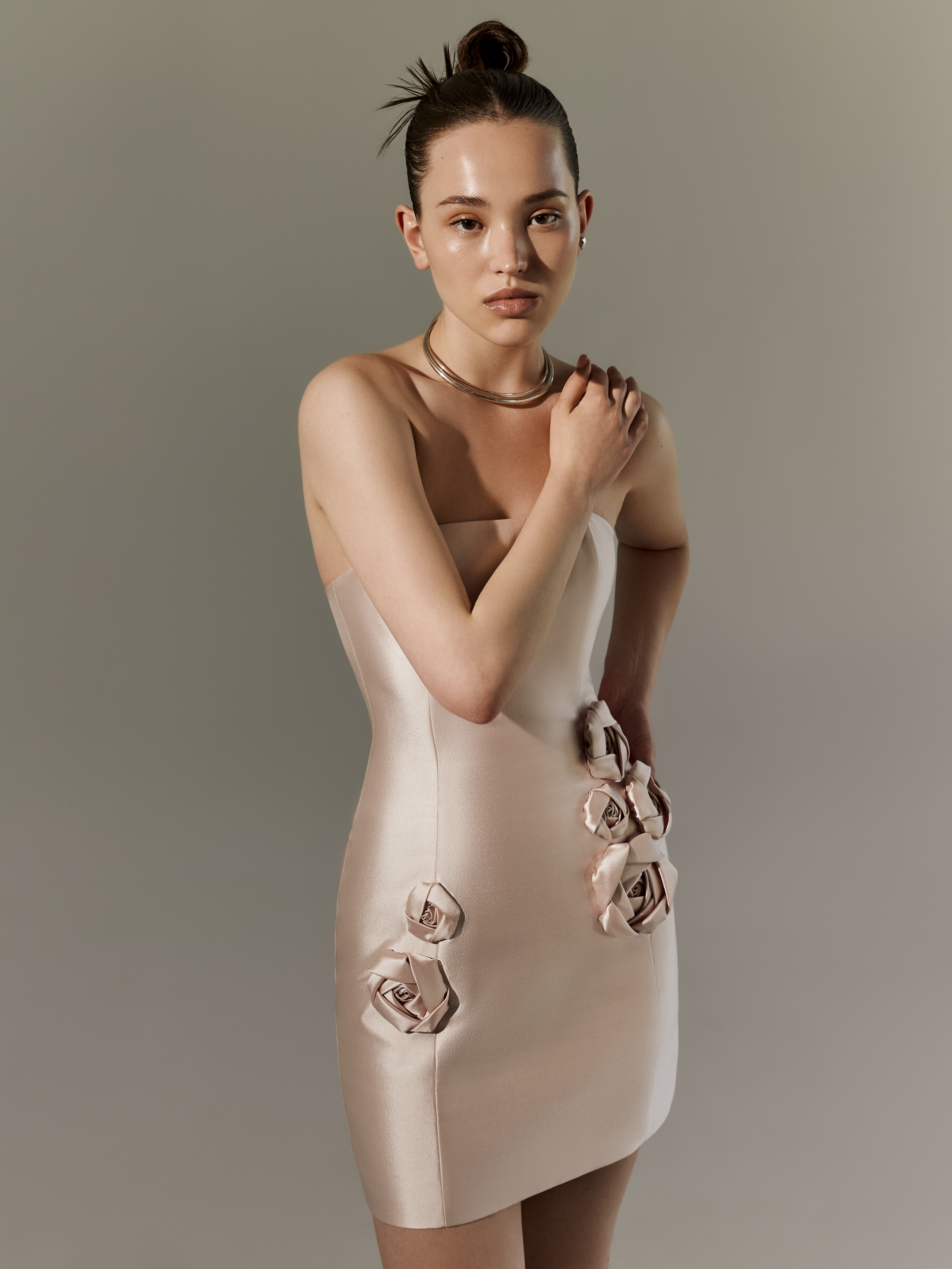 Strapless Mini Dress with Handcrafted 3D Floral Appliqué in White