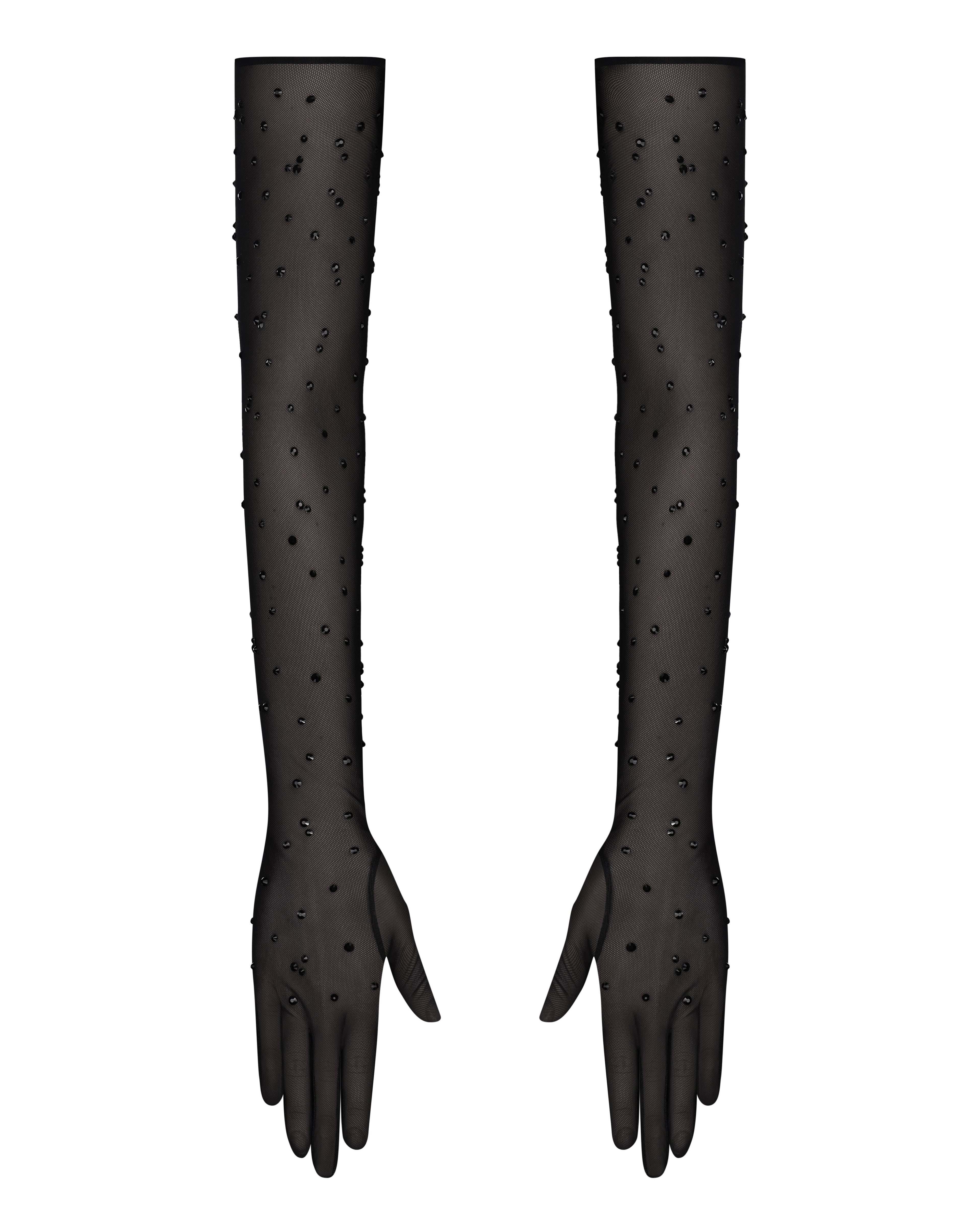 Pair of black mesh gloves with scattered crystal embellishments, elegant evening and bridal accessory.