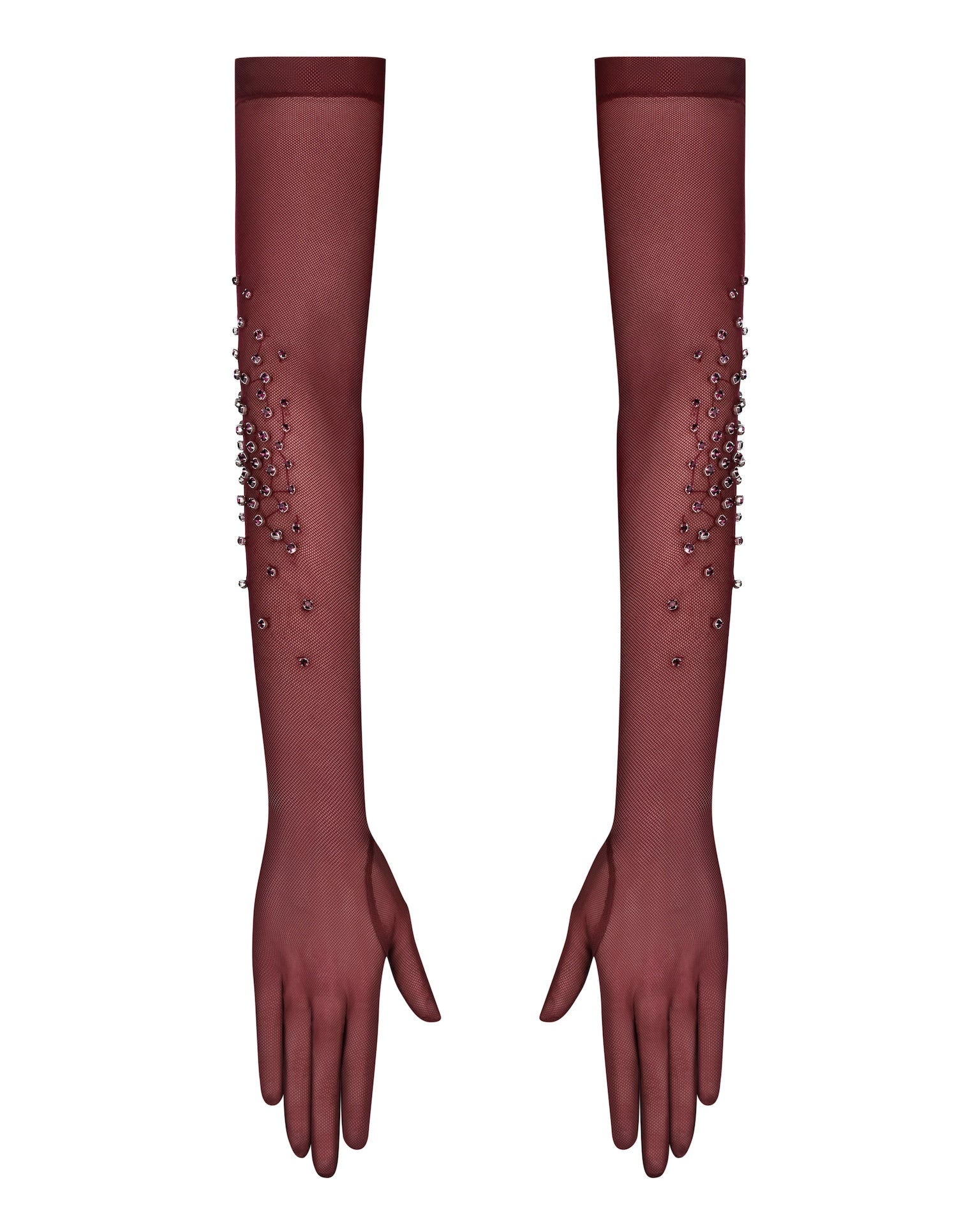Pair of burgundy mesh gloves adorned with tonal crystal embellishments, elegant evening and bridal accessory.