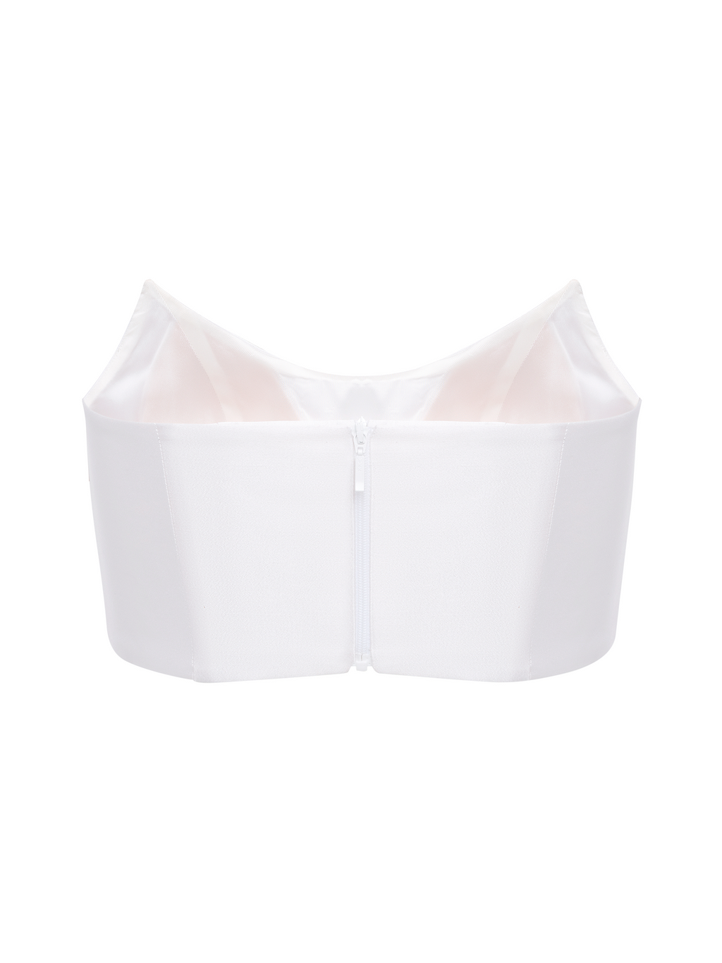 Back view of white structured crop top with concealed zipper and smooth satin finish.