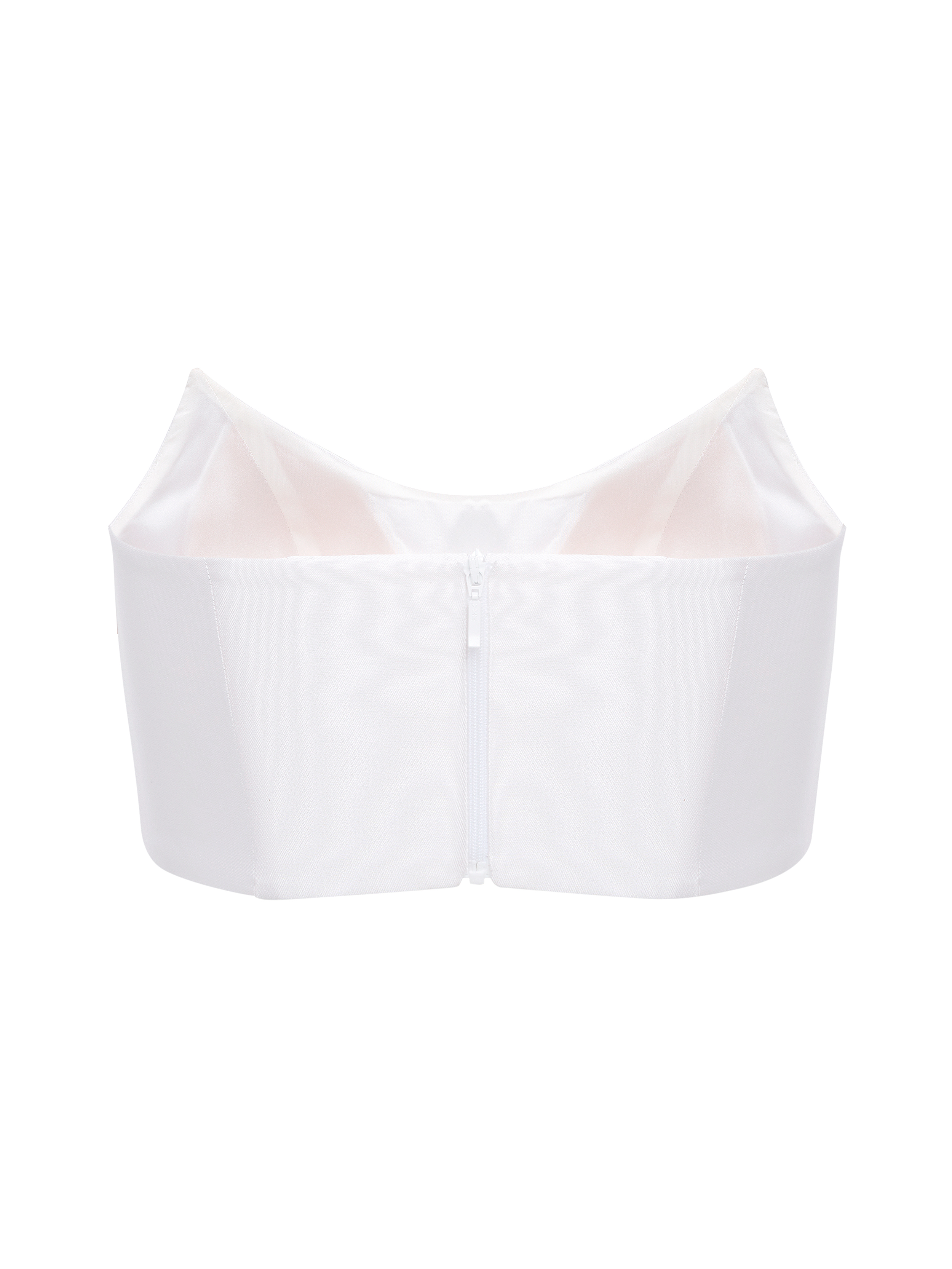 Back view of white structured crop top with concealed zipper and smooth satin finish.