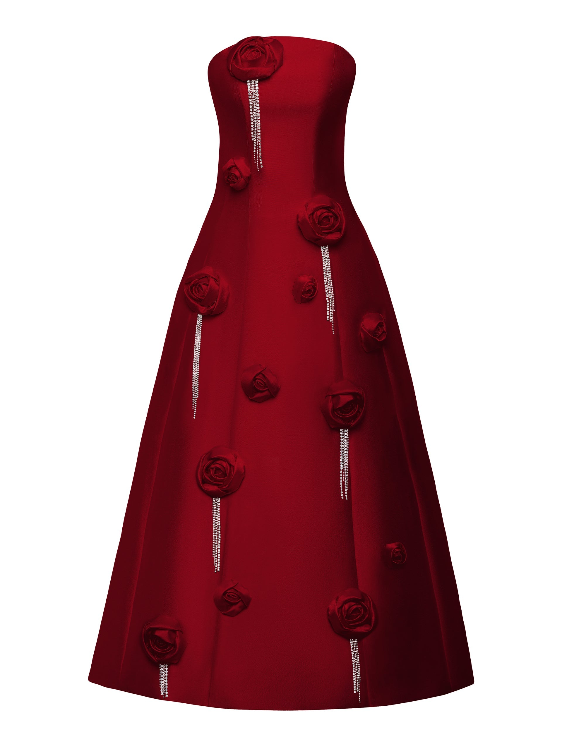Strapless Silk Wool Maxi Dress with 3D Floral Appliqu in Red - 14 Strapless Silk Wool Maxi Dress with 3D Floral Appliqu in Red - 14