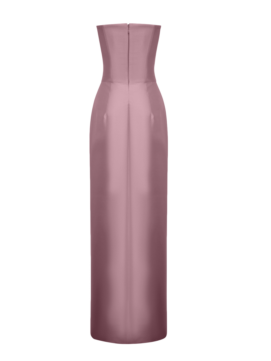 Back view of blush pink strapless gown in silk wool, featuring a fitted waist and elegant column shape, ideal for bridesmaids or evening occasions.
