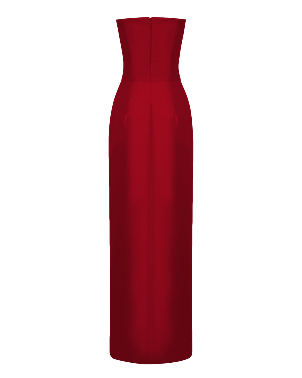 Back view of red strapless gown crafted in silk wool, featuring a structured silhouette and concealed zipper, elegant evening and wedding guest look.