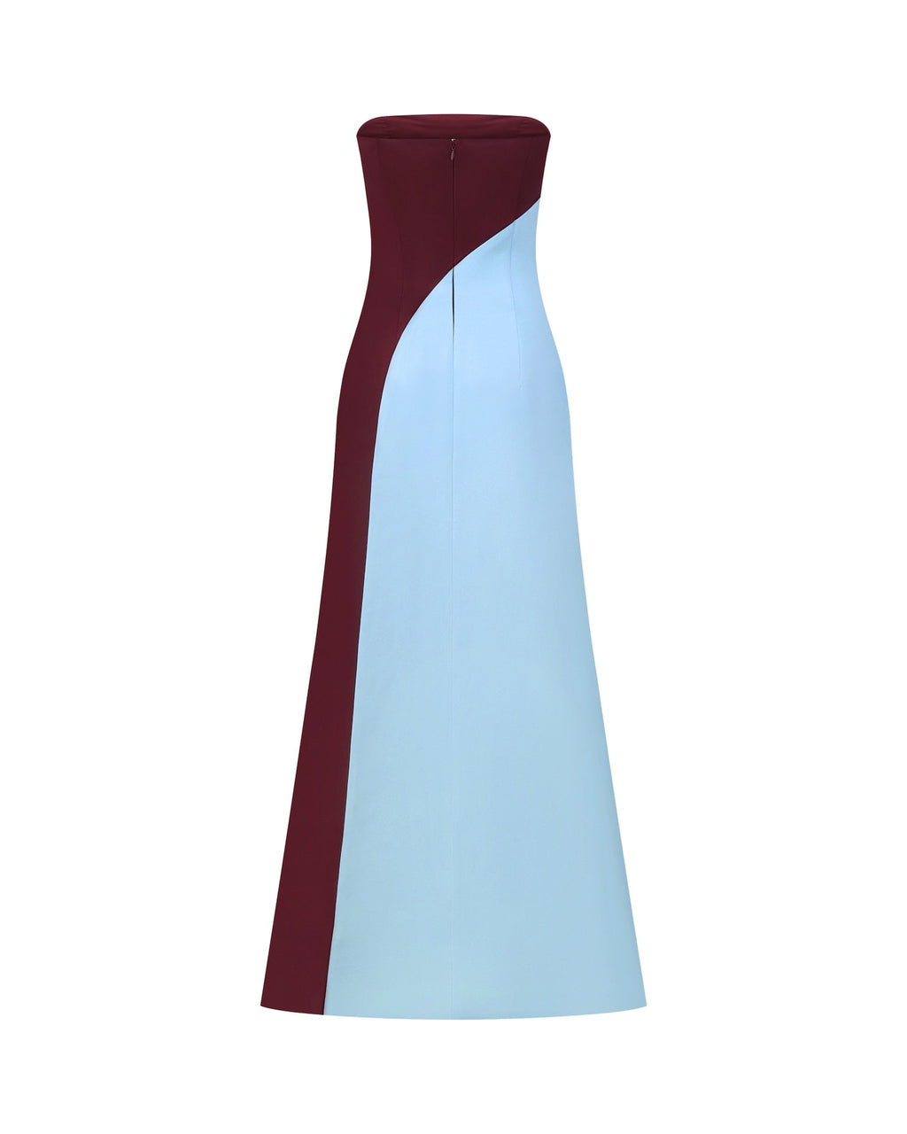 Two-toned strapless satin maxi dress by NDS The Label in blue and wine, shown without model.
