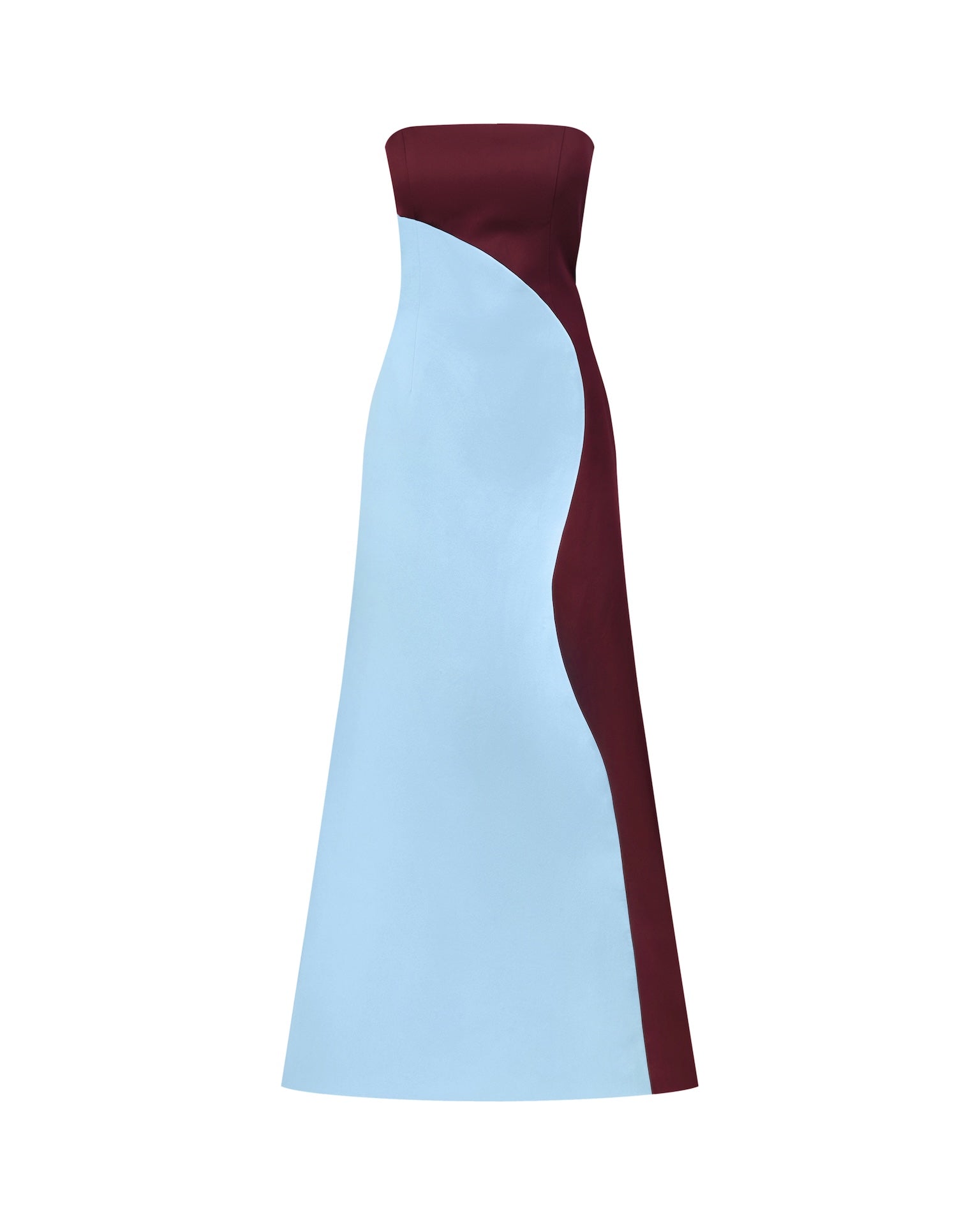 Two-toned strapless satin maxi dress by NDS The Label in blue and wine, shown without model.